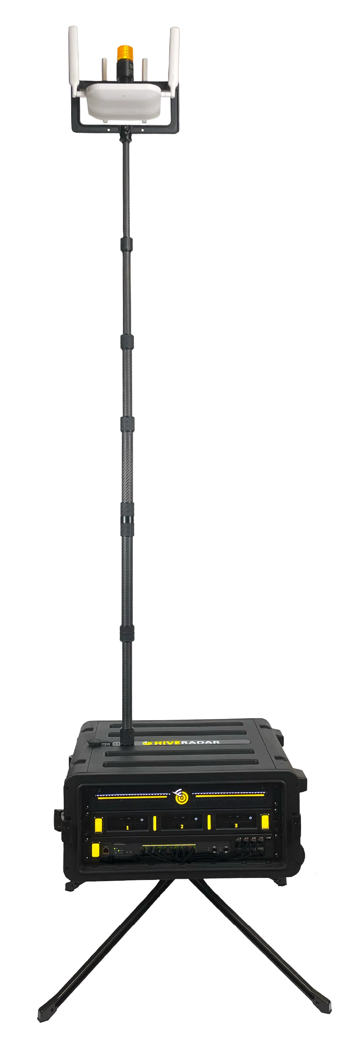 HiveRadar EDC deployed configuration showing telescoping carbon fiber pole and universal T-bar AP bracket