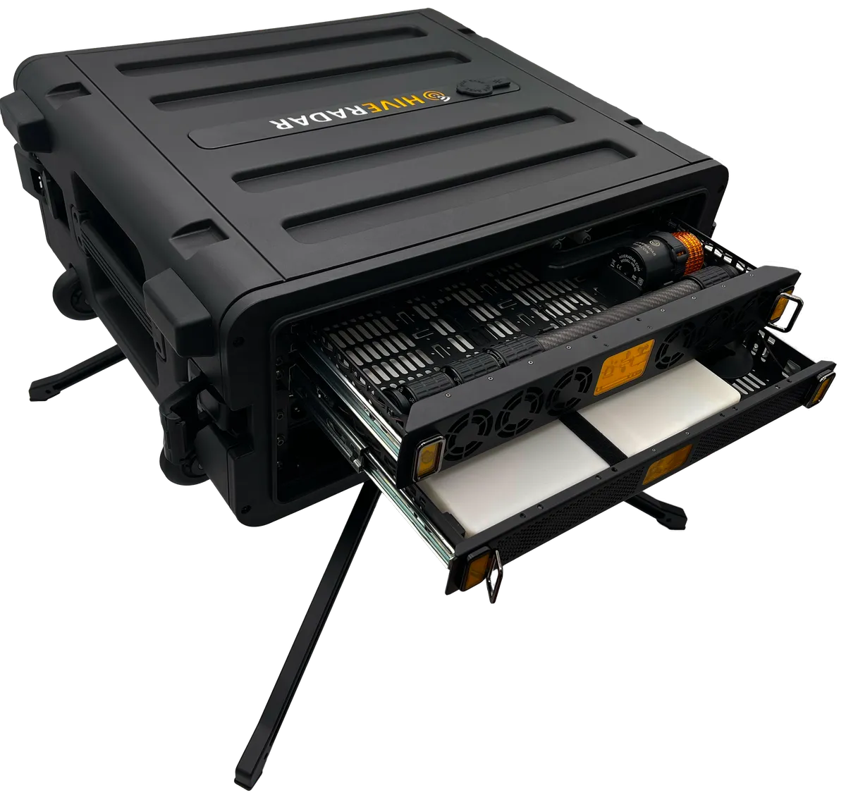 HiveRadar EDC storage drawers showing 5G gateway and Starlink Mini compartments
